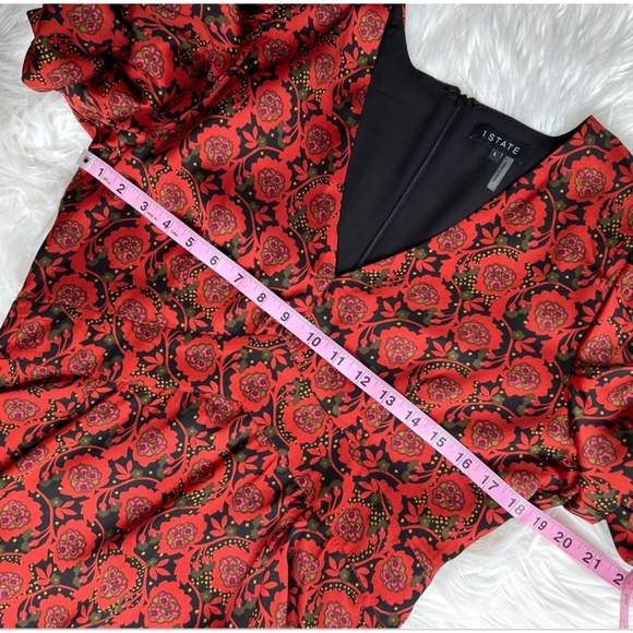 1 State Blooms Print Puff Sleeve V-Neck Fit & Flare Dress Wine Red L - Picture 11 of 13